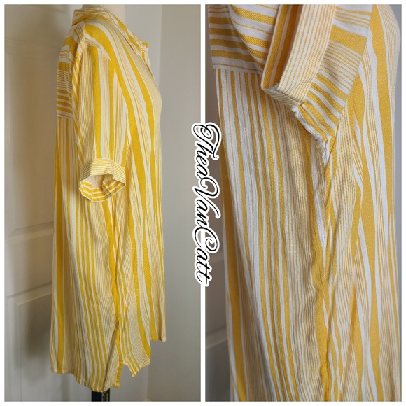 Forever 21 retro yellow stripes short sleeve button down relaxed fit shirt dress - Picture 5 of 8